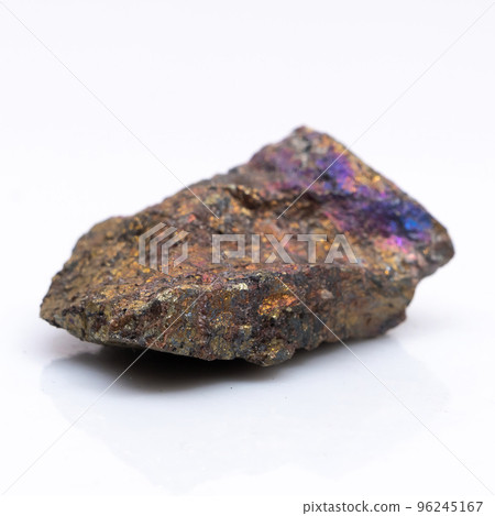 Natural stone chalcopyrite on a white background. Mineral of golden color on a white background Natural stone chalcopyrite on a white background. Mineral of golden color on a white background 96245167