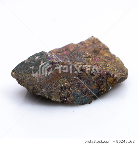 Natural stone chalcopyrite on a white background. Mineral of golden color on a white background Natural stone chalcopyrite on a white background. Mineral of golden color on a white background 96245168