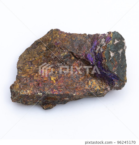 Natural stone chalcopyrite on a white background. Mineral of golden color on a white background Natural stone chalcopyrite on a white background. Mineral of golden color on a white background 96245170