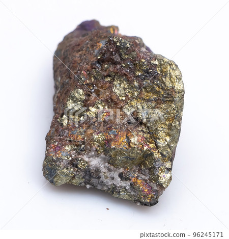 Natural stone chalcopyrite on a white background. Mineral of golden color on a white background 96245171