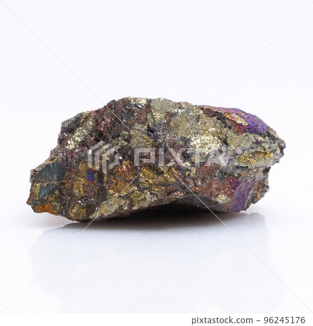 Natural stone chalcopyrite on a white background. Mineral of golden color on a white background 96245176