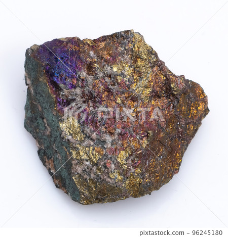 Natural stone chalcopyrite on a white background. Mineral of golden color on a white background Natural stone chalcopyrite on a white background. Mineral of golden color on a white background 96245180