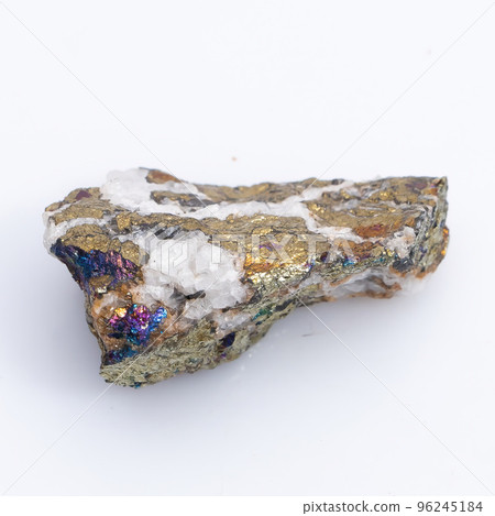 Natural stone chalcopyrite on a white background. Mineral of golden color on a white background 96245184