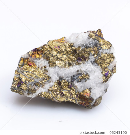 Natural stone chalcopyrite on a white background. Mineral of golden color on a white background Natural stone chalcopyrite on a white background. Mineral of golden color on a white background 96245190