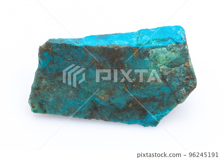 Natural Chrysocolla stone on a white background. Mineral of blue and bluish-green color on a white background Natural Chrysocolla stone on a white background. Mineral of blue and bluish-green color on a white background 96245191