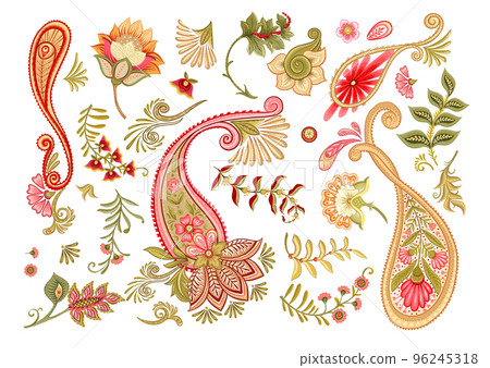 Fantasy flowers and paisley in retro, vintage, jacobean embroidery style. Fantasy flowers and paisley in retro, vintage, jacobean embroidery style. 96245318