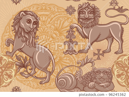 Byzantine traditional historical motifs of animals, birds, flowers and plants. 96245362