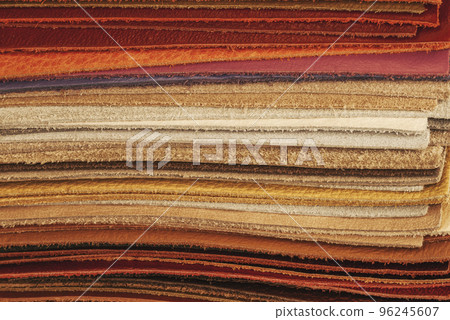 Pile of colorful multicolored leather samples. Palette collection closeup, background Pile of colorful multicolored leather samples. Palette collection closeup, background 96245607