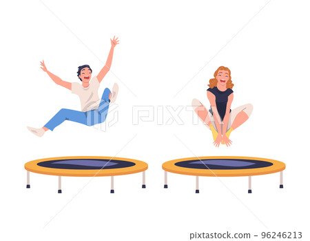 Excited Man and Woman Character Jumping and Bouncing on Trampoline Engaged in Recreational Activity Vector Set 96246213