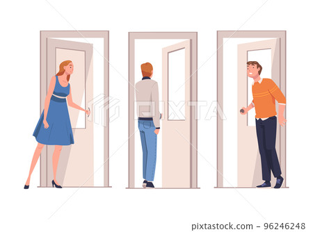 Man and Woman Character at Open Door Leaving and Coming Home Vector Set Man and Woman Character at Open Door Leaving and Coming Home Vector Set 96246248