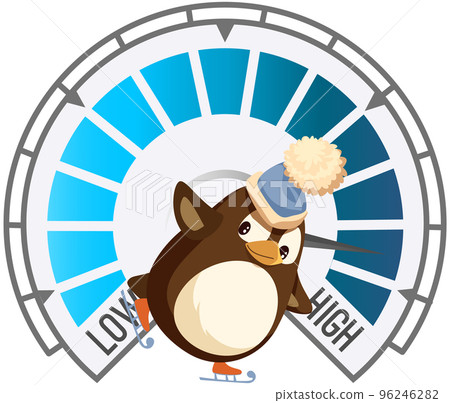 Cute penguin with ice skate wearing warm hat figure skating outdoors, cold temperature change 96246282