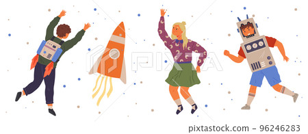 Set of happy people in different costumes for space party. Characters in creative self made outfits Set of happy people in different costumes for space party. Characters in creative self made outfits 96246283