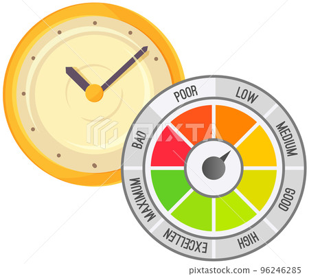 Concept of time measurement, being late and punctuality. Wall clock and power regulator gamma 96246285