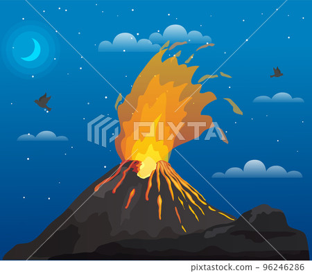 Volcano disaster with burning fire. Volcanic eruption mountain with magma, strong jet of hot lava Volcano disaster with burning fire. Volcanic eruption mountain with magma, strong jet of hot lava 96246286