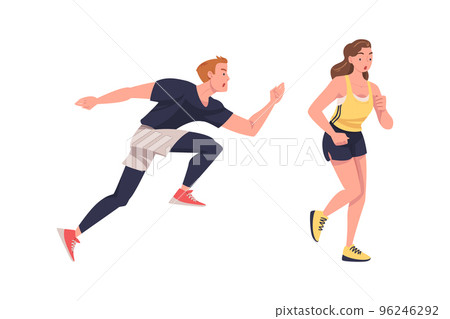 Man and Woman Character Running in Sportswear and Trainers Engaged in Sport Training and Workout Vector Set 96246292