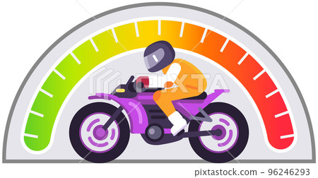 Speedometer and biker on motorbike, car speed control. Tachometer with color sector for measurement 96246293