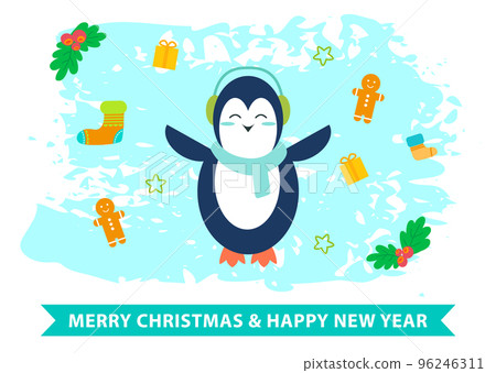 Cute penguin on background of winter symbols. Happy new year, merry christmas greeting postcard Cute penguin on background of winter symbols. Happy new year, merry christmas greeting postcard 96246311