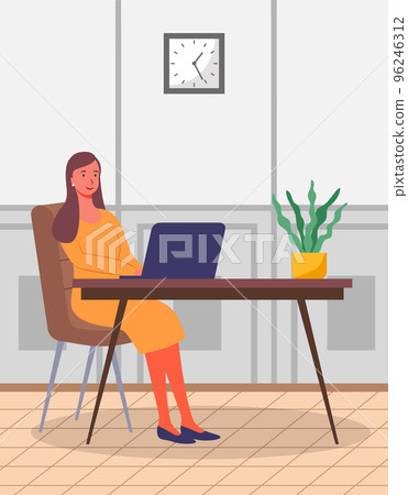 Lady sitting with laptop and surfing Internet. Female freelancer communicate works with computer from home Lady sitting with laptop and surfing Internet. Female freelancer communicate works with computer from home 96246312