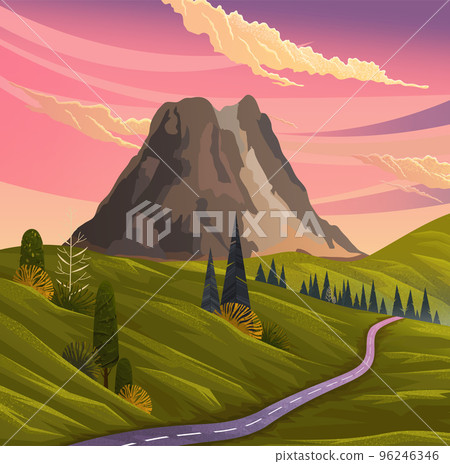 Mountains landscape, abstract lilac sunset panoramic view. Beautiful scenery with dormant volcano Mountains landscape, abstract lilac sunset panoramic view. Beautiful scenery with dormant volcano 96246346