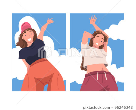 Woman Character Standing Looking from Above Friendly Smiling and Showing Hand Greeting Gesture Vector Set 96246348