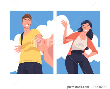 Man and Woman Character Standing Looking from Above Friendly Smiling and Showing Hand Greeting Gesture Vector Set 96246352
