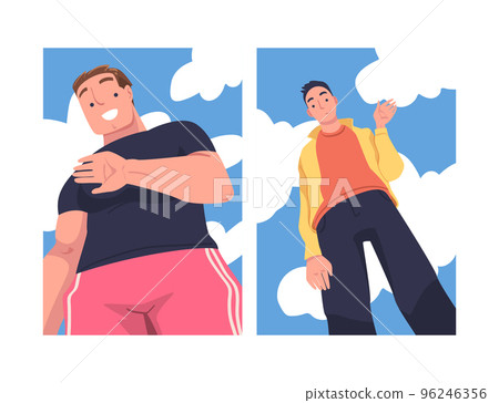 Man Character Standing Looking from Above Friendly Smiling and Showing Hand Greeting Gesture Vector Set 96246356