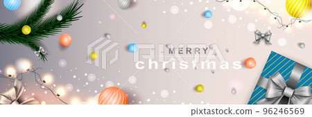 Merry Christmas web banner. Xmas and Happy New Year 2022 holiday celebration poster. Vector illustration with 3d realistic elements. Horizontal christmas poster, background, greeting cards, header. 96246569