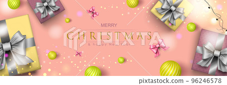 Merry Christmas web banner. Xmas and Happy New Year 2022 holiday celebration poster. Vector illustration with 3d realistic elements. Horizontal christmas poster, background, greeting cards, header. Merry Christmas web banner. Xmas and Happy New Year 2022 holiday celebration poster. Vector illustration with 3d realistic elements. Horizontal christmas poster, background, greeting cards, header. 96246578