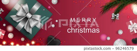 Merry Christmas web banner. Xmas and Happy New Year 2022 holiday celebration poster. Vector illustration with 3d realistic elements. Horizontal christmas poster, background, greeting cards, header. 96246579