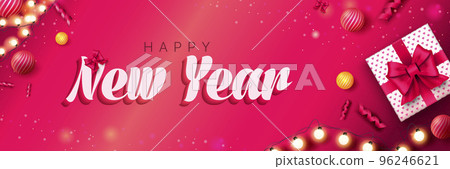 Happy New Year 2022 banner. Christmas pink background with gift box, garland, festive balls, ribbons. Xmas holiday celebration poster. Vector illustration with realistic elements for header website 96246621