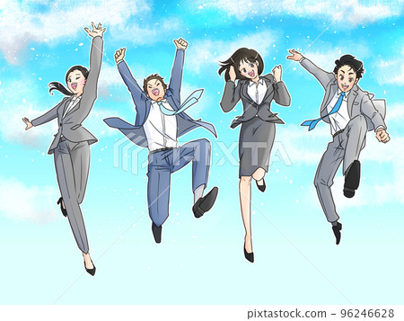 Illustration of a man and woman in suits jumping against the blue sky 96246628