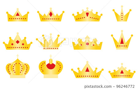 Crown royal gold icon set. Kingdom luxury symbol. King monarch tiara golden pictogram isolated on white. Royal majestic treasure. Queen crowns yellow gradient heraldic jewelry sign. Imperial insignia 96246772