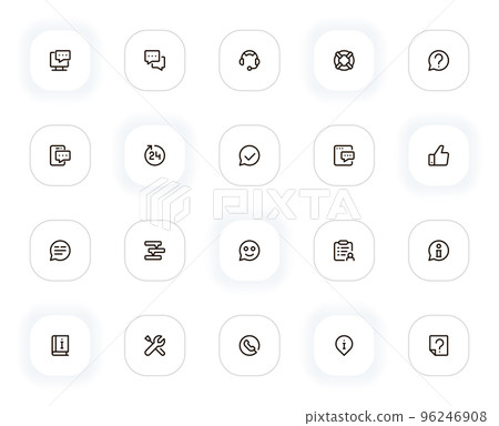 Support, help and question line icons set. Comment, chat, headset, lifebuoy, info, call, service. Vector outline pictograms for web and ui, ux mobile app design. Editable Stroke. 24x24 Pixel Perfect. Support, help and question line icons set. Comment, chat, headset, lifebuoy, info, call, service. Vector outline pictograms for web and ui, ux mobile app design. Editable Stroke. 24x24 Pixel Perfect. 96246908