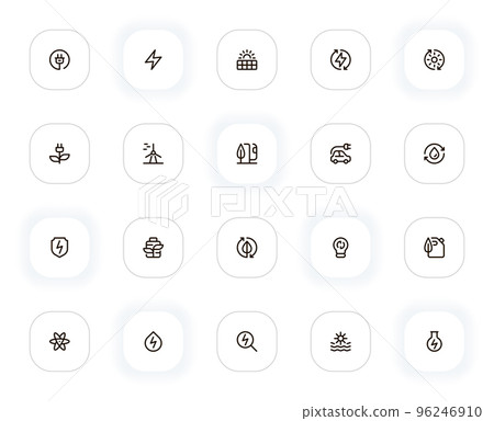 Energy and Renewable line icons set. Charge, alternative power, ecology, electric car, battery. Vector outline pictograms for web and ui, ux mobile app design. Editable Stroke. 24x24 Pixel Perfect. Energy and Renewable line icons set. Charge, alternative power, ecology, electric car, battery. Vector outline pictograms for web and ui, ux mobile app design. Editable Stroke. 24x24 Pixel Perfect. 96246910