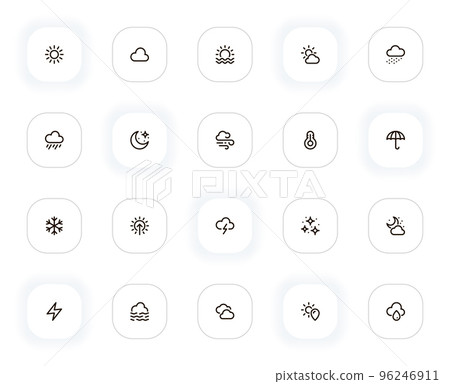 Weather and climate line icons set. Sun, cloud, rain, moon, wind, storm, umbrella, snow, star. Vector outline pictograms for web and ui, ux mobile app design. Editable Stroke. 24x24 Pixel Perfect. 96246911