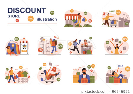 Discount store concept with people scene set. Men and women shopping at bargain prices during sale season in stores and boutiques, smart online shopping. Vector illustration in flat design for web Discount store concept with people scene set. Men and women shopping at bargain prices during sale season in stores and boutiques, smart online shopping. Vector illustration in flat design for web 96246931