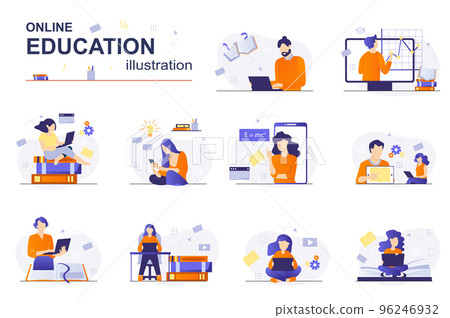 Online education concept with people scene set. Students study remotely, read books, prepare for exams using textbooks, watch webinars and video lectures. Vector illustration in flat design for web Online education concept with people scene set. Students study remotely, read books, prepare for exams using textbooks, watch webinars and video lectures. Vector illustration in flat design for web 96246932