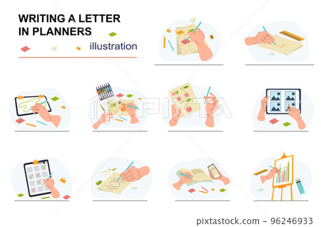 Hands writing letter in planners concept with people scene set. Human hands holding pens, taking notes and goals in to do list, drawing, highlighter tasks. Vector illustration in flat design for web Hands writing letter in planners concept with people scene set. Human hands holding pens, taking notes and goals in to do list, drawing, highlighter tasks. Vector illustration in flat design for web 96246933