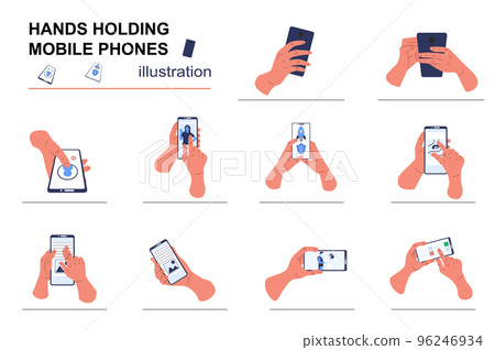 Hands holding mobile phones concept with people scene set. Human hands use smartphones, click on screen, make call or photo, tapping, scrolling and browse. Vector illustration in flat design for web Hands holding mobile phones concept with people scene set. Human hands use smartphones, click on screen, make call or photo, tapping, scrolling and browse. Vector illustration in flat design for web 96246934