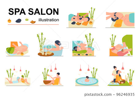 Spa salon concept with people scene set. Women relax and get back or head massage, take bath with flowers, get beauty treatments and skincare, aromatherapy. Vector illustration in flat design for web Spa salon concept with people scene set. Women relax and get back or head massage, take bath with flowers, get beauty treatments and skincare, aromatherapy. Vector illustration in flat design for web 96246935