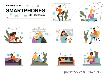 People using smartphones concept with people scene set. Men and women read news in mobile apps, watch social networks, take selfies, communicate online. Vector illustration in flat design for web People using smartphones concept with people scene set. Men and women read news in mobile apps, watch social networks, take selfies, communicate online. Vector illustration in flat design for web 96246936