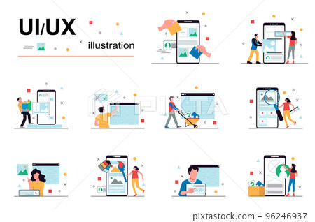 UI UX design and programming concept with people scene set. Men and women create application interfaces, test and optimize programs, places graphic content. Vector illustration in flat design for web UI UX design and programming concept with people scene set. Men and women create application interfaces, test and optimize programs, places graphic content. Vector illustration in flat design for web 96246937