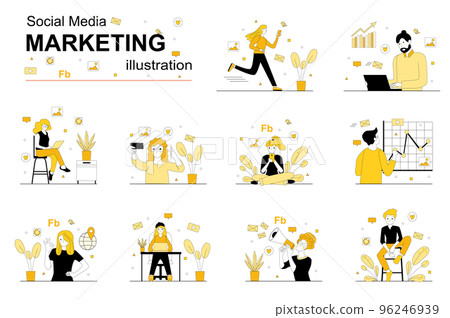 Social media marketing concept with people scene set. Men and women research market, make advertising campaign, attract clients, promote business online. Vector illustration in flat design for web 96246939