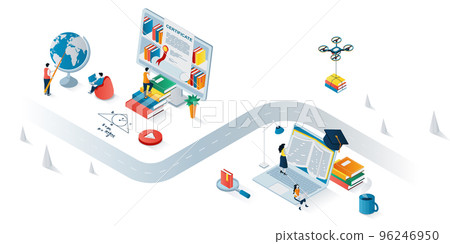 Education process concept 3d isometric web banner. People students study online, reading books, watching seminars, graduate with diplomas. Vector illustration for landing page and web template design Education process concept 3d isometric web banner. People students study online, reading books, watching seminars, graduate with diplomas. Vector illustration for landing page and web template design 96246950