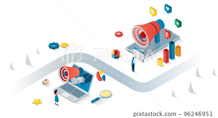 Digital marketing concept 3d isometric web banner. People making advertising campaign, business promotion in social media, attract clients. Vector illustration for landing page and web template design Digital marketing concept 3d isometric web banner. People making advertising campaign, business promotion in social media, attract clients. Vector illustration for landing page and web template design 96246951