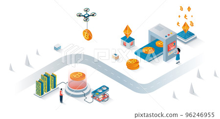 Cryptocurrency mining concept 3d isometric web banner. People earning digital money at mining farms, buy or sell bitcoin at exchange. Vector illustration for landing page and web template design 96246955