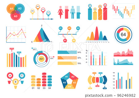 Set of infographic elements data visualization vector design template with different chart, diagram, flowchart, workflow, timeline. Infographics for business statistics, planning and analytics. 96246982