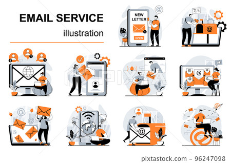 Email service concept with people scenes set in flat design. Women and men writing letter, chatting and sending messages. Online correspondence. Vector illustration visual stories collection for web 96247098