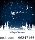 Santa Claus and gifts in sleigh with reindeers pulling the sleigh on village background. 96247166