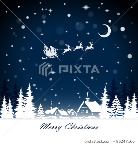 Santa Claus and gifts in sleigh with reindeers pulling the sleigh on village background. 96247166